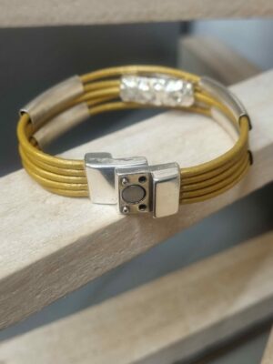 Bracelet femme en cuir rond doré et tubes argentés