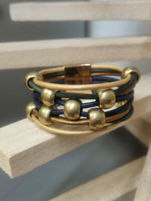 Bracelet femme 20mm en cuir rond 3mm et perles vieil or