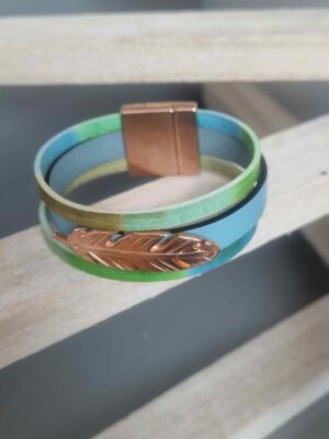Bracelet femme 20mm bleu et vert, plume or rose