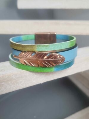 Bracelet femme 20mm bleu et vert, plume or rose
