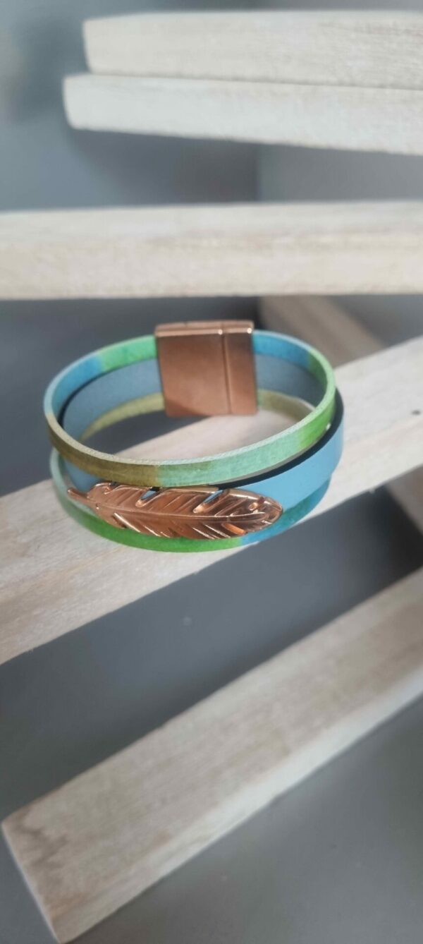 Bracelet femme 20mm bleu et vert, plume or rose