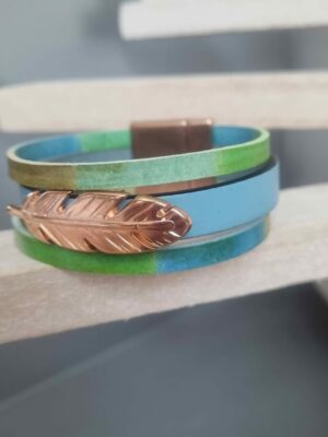 Bracelet femme 20mm bleu et vert, plume or rose