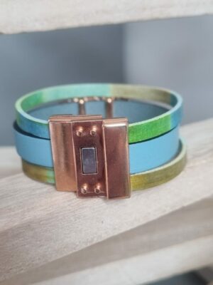 Bracelet femme 20mm bleu et vert, plume or rose