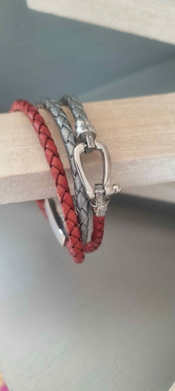 Bracelet mixte rouge et gris triple tour