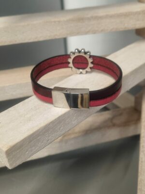 Bracelet femme en cuir bordeaux et rose, fleur argentée