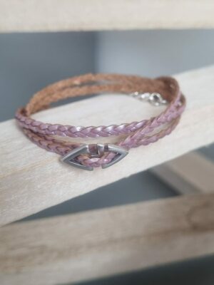 Bracelet femme enfant triple tour en cuir plat rose tressé et passant double argenté