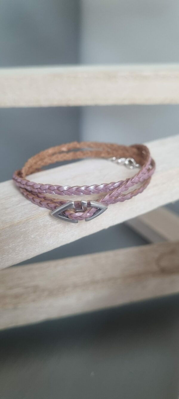 Bracelet femme, ado triple tour cuir tressé rose