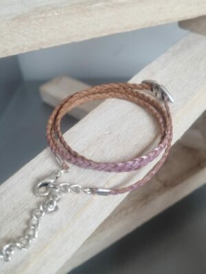 Bracelet femme, ado triple tour cuir tressé rose