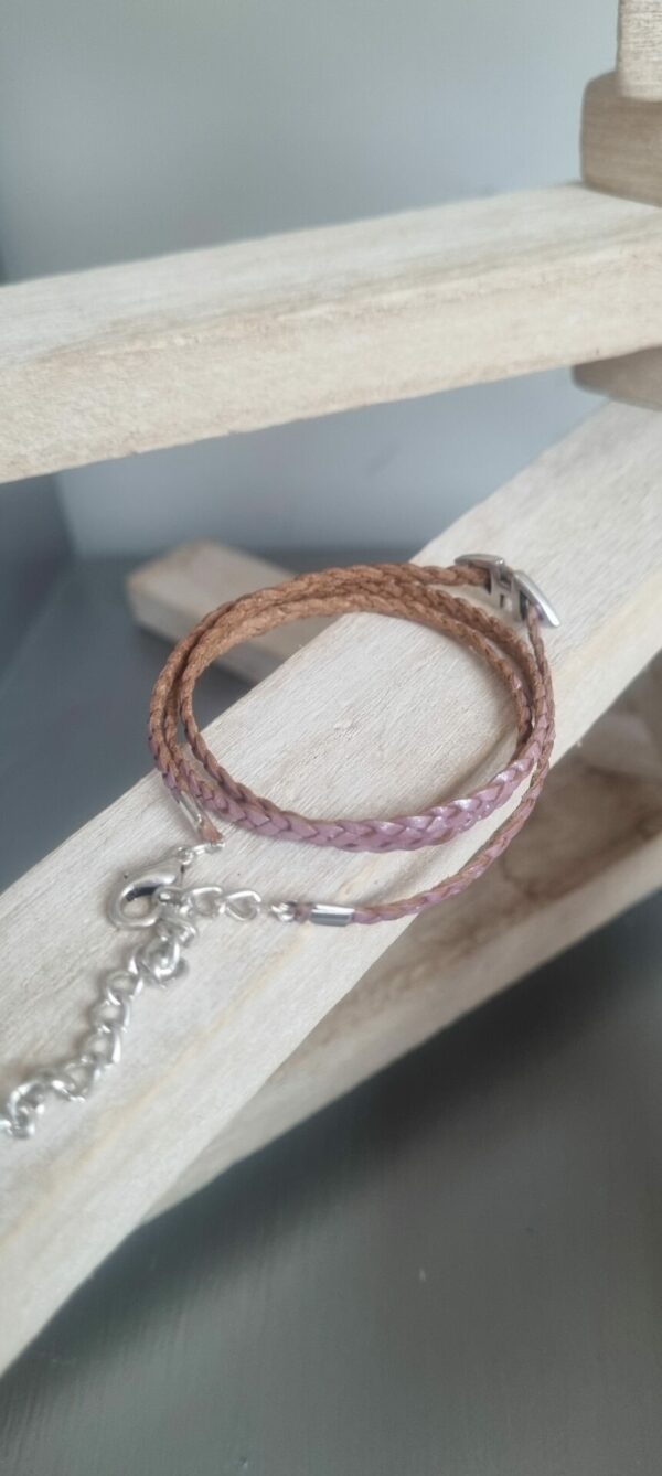 Bracelet femme, ado triple tour cuir tressé rose