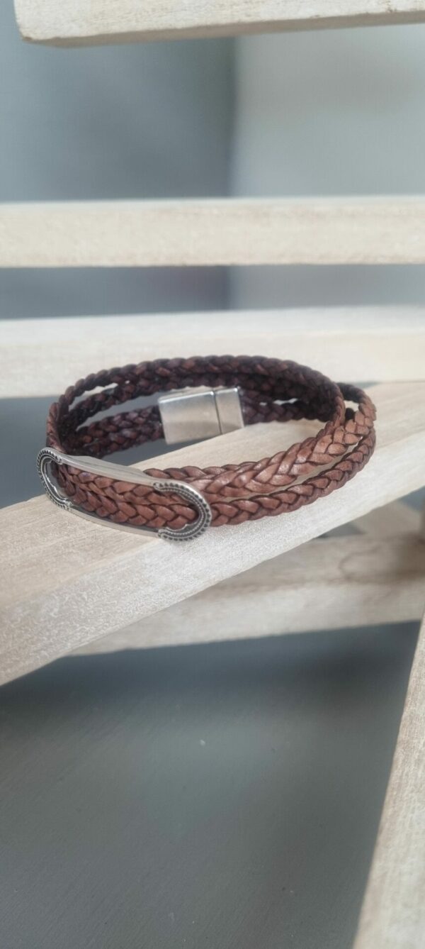 Bracelet homme double tour cuir tressé marron