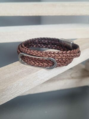 Bracelet homme double tour cuir tressé marron