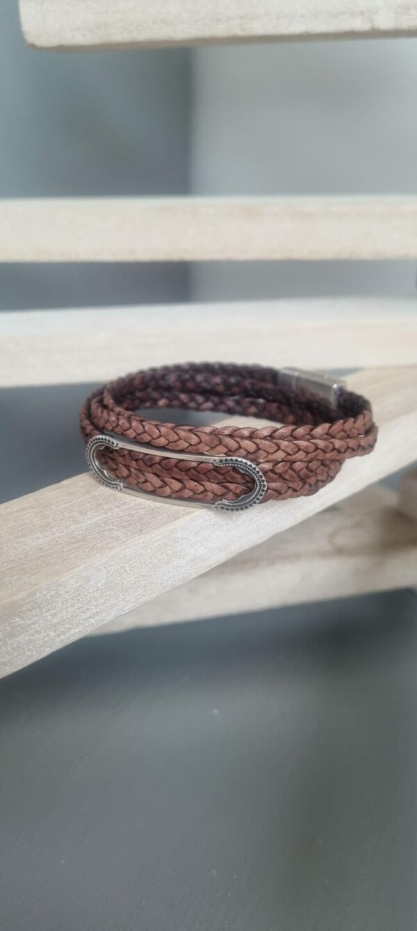 Bracelet homme double tour cuir tressé marron