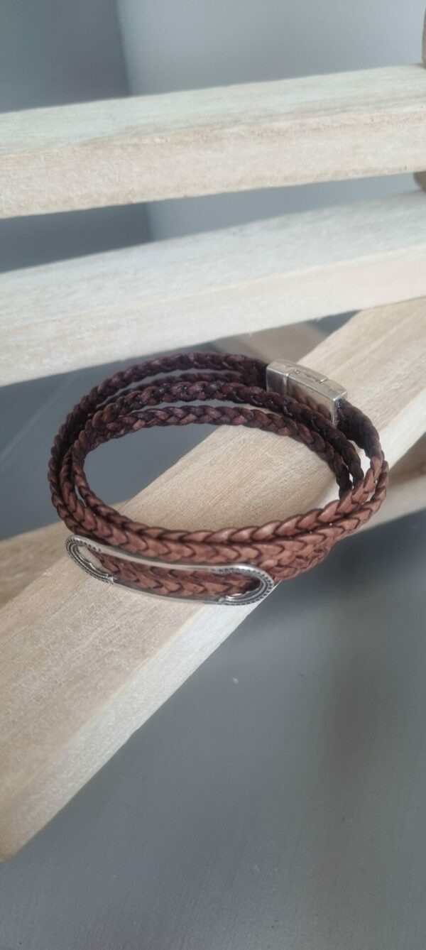 Bracelet homme double tour cuir tressé marron