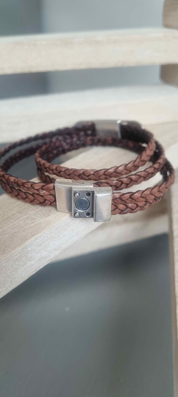 Bracelet homme double tour cuir tressé marron