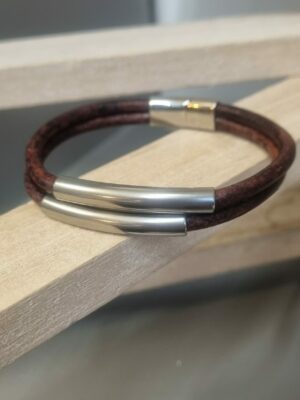 Bracelet homme cuir rond marron et tubes acier