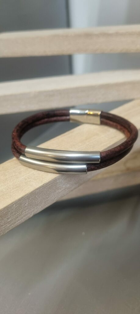 Bracelet homme cuir rond marron et tubes acier