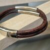 Bracelet homme cuir rond marron et tubes acier
