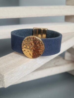 Manchette femme 20mm cuir bleu et pastille dorée