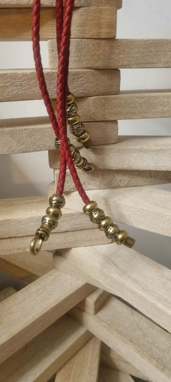 4COL15A Collier femme sautoir en cuir rouge et perles bronze