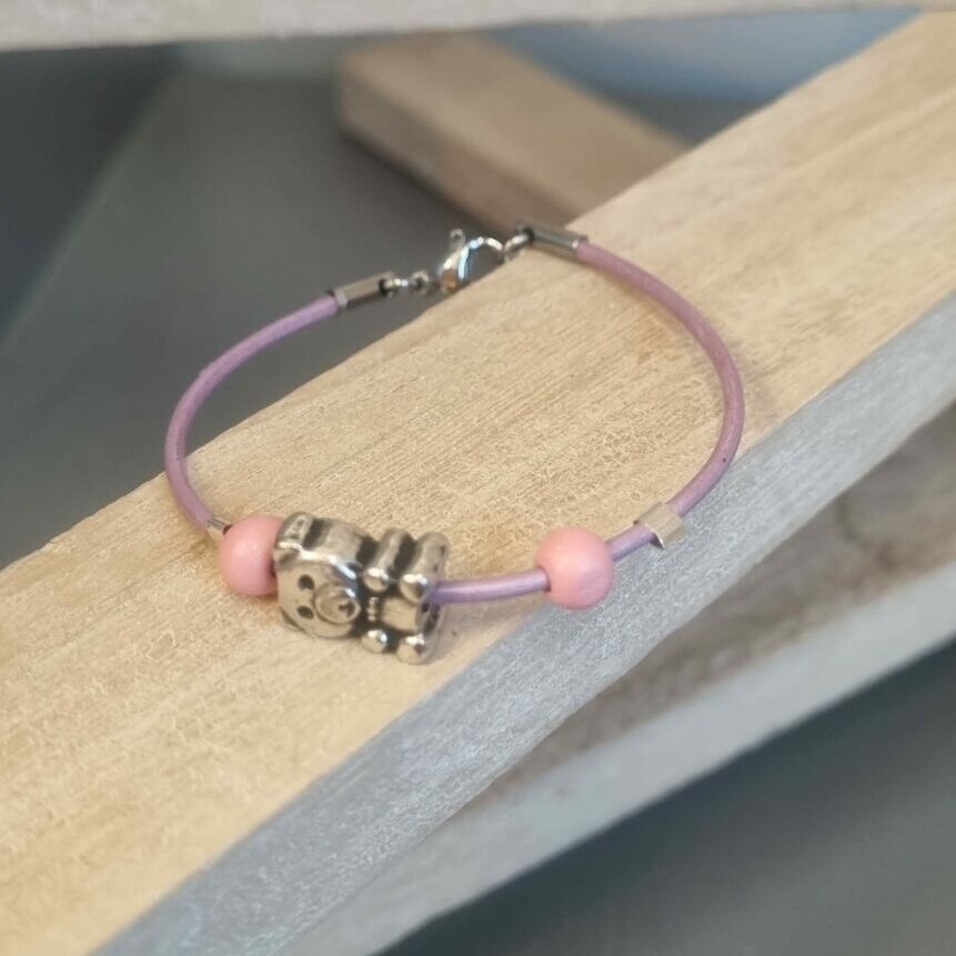 Bracelet enfant cuir rose et ourson