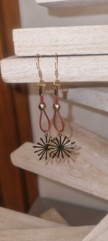 Boucle d'oreille femme en cuir rond marron bronze et son étincelle dorée