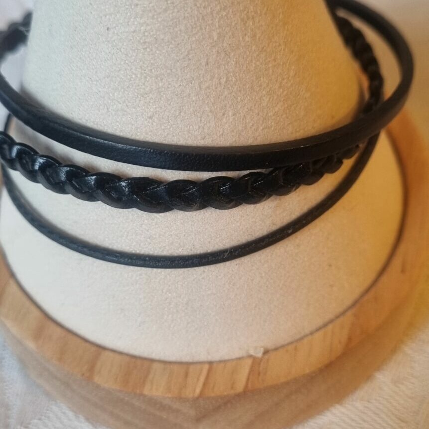 Bracelet homme en cuir noir plat, tressé et rond