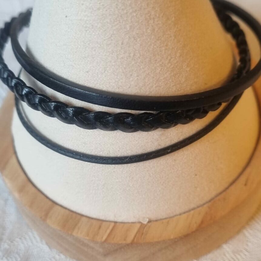 Bracelet homme en cuir noir plat, tressé et rond