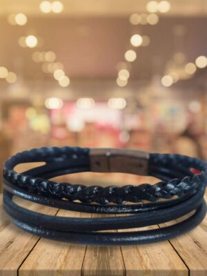 Collier sautoir homme en cuir carré noir et rond gris, passant "Love" argenté