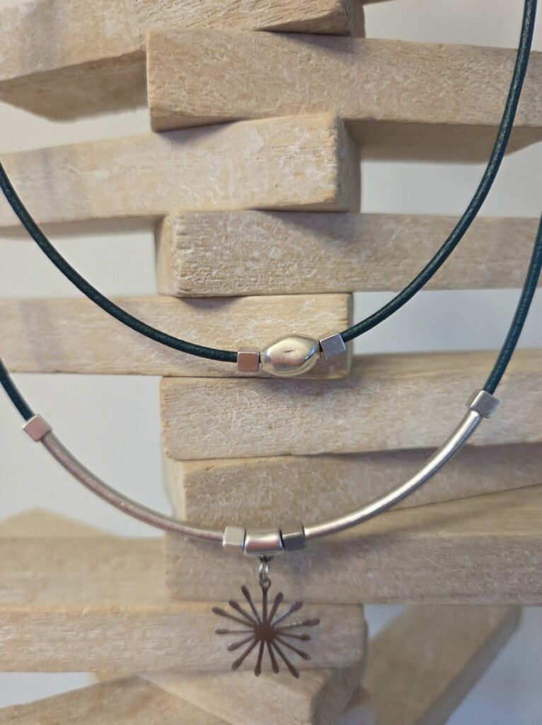 Collier femme deux rangs cuir rond bleu turquoise et étincelle argentée
