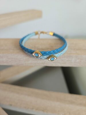 Bracelet femme cuir plat tressé bleu et ses yeux émaillés