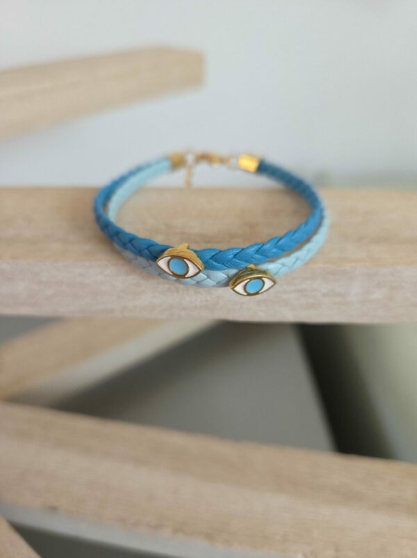 Bracelet femme cuir plat tressé bleu et ses yeux émaillés