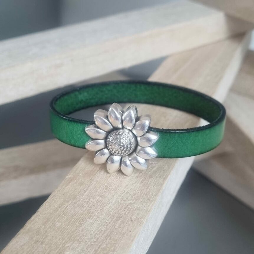 Bracelet femme cuir vert et fermoir fleur