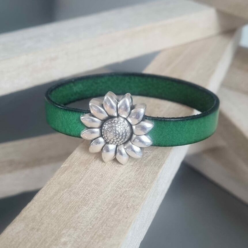 Bracelet femme cuir vert et fermoir fleur