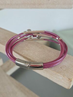 Bracelet femme cuirs roses et perles argentées