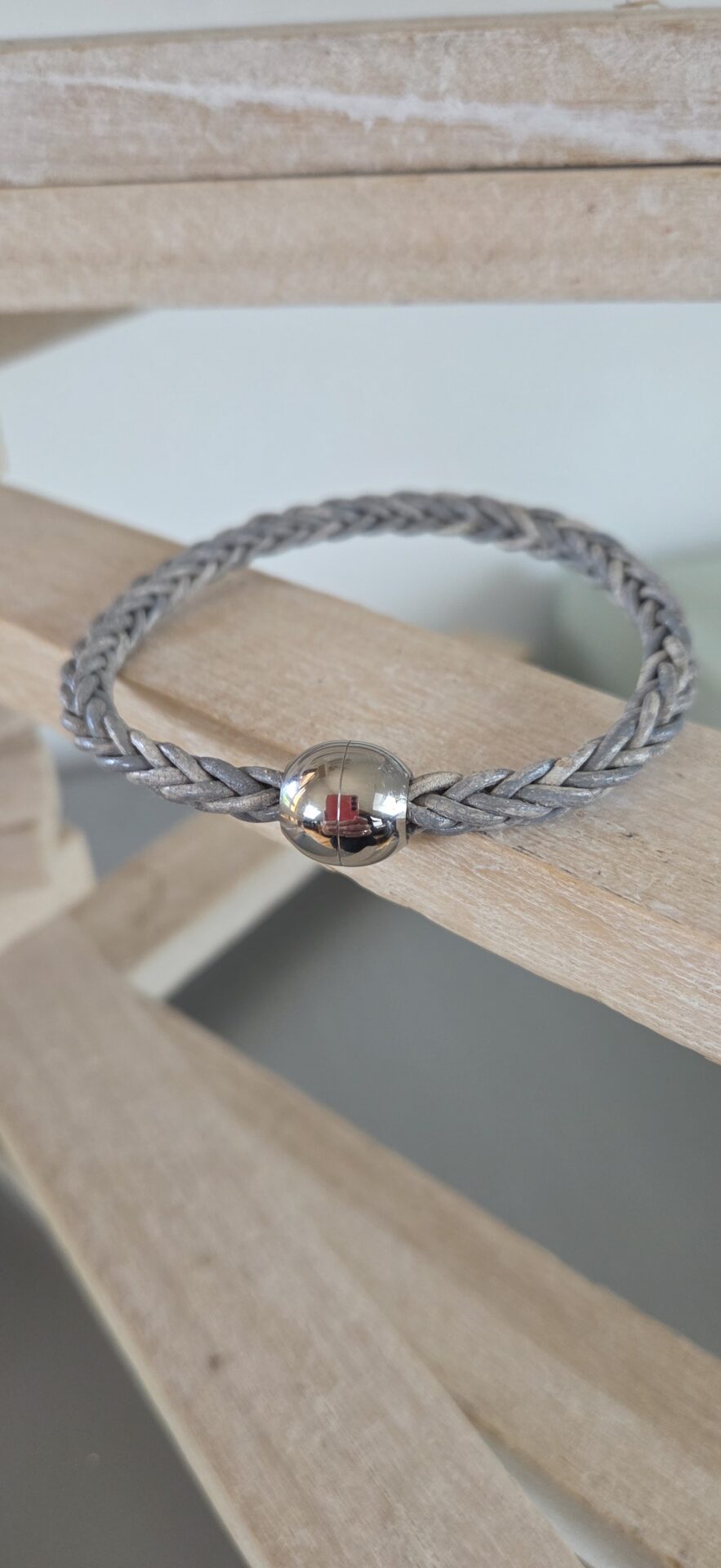 Bracelet mixte cuir rond tressé gris