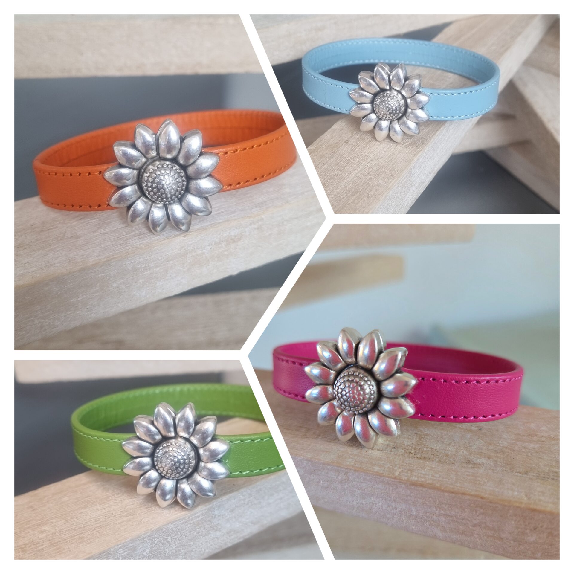 Bracelet fermoir fleur cuir cousu