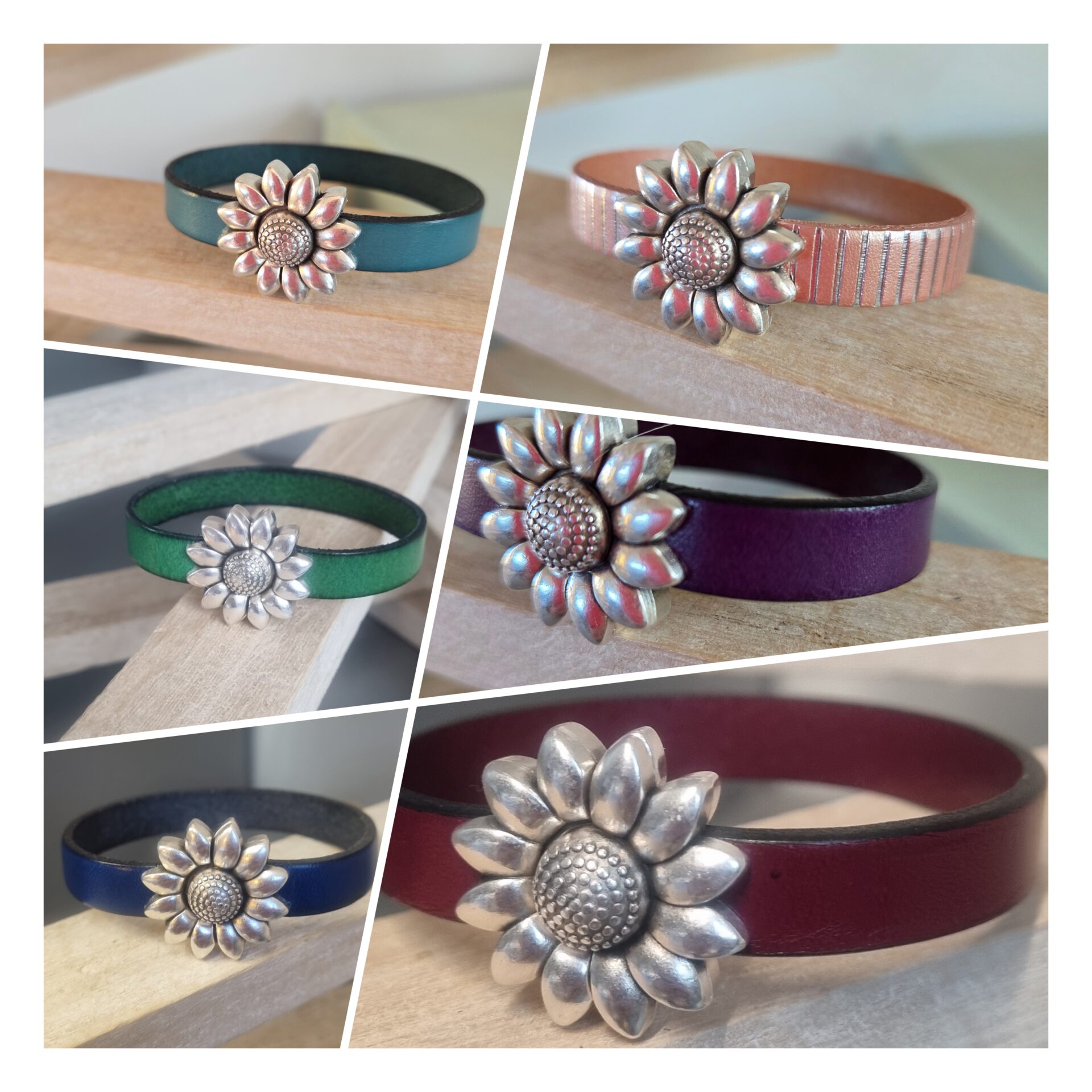 Bracelet fermoir fleur cuir lisse
