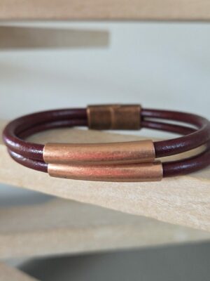 Bracelet homme cuirs ronds bordeaux et tubes cuivre