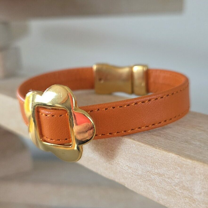 Bracelet femme en cuir cousu orange et passant fleur