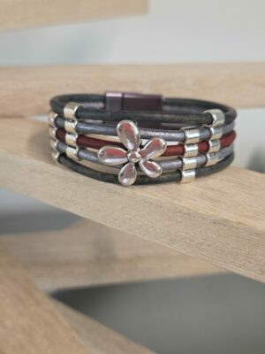Bracelet femme en cuir rond 3mm et marguerite argentée