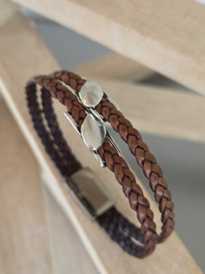 Bracelet homme en cuir tressé plat marron et marron et passants argentés