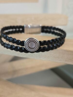 Bracelet homme en cuir tressé noir et passant rond argenté – Image 2