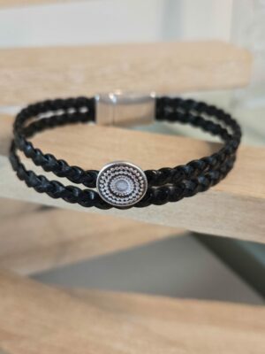 Bracelet homme en cuir tressé noir et passant rond argenté