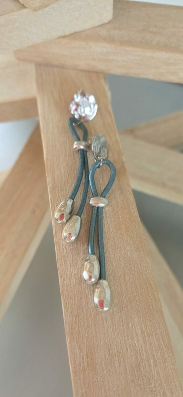 Boucles d'oreilles femme cuir rond bleu métallisé et perles de riz