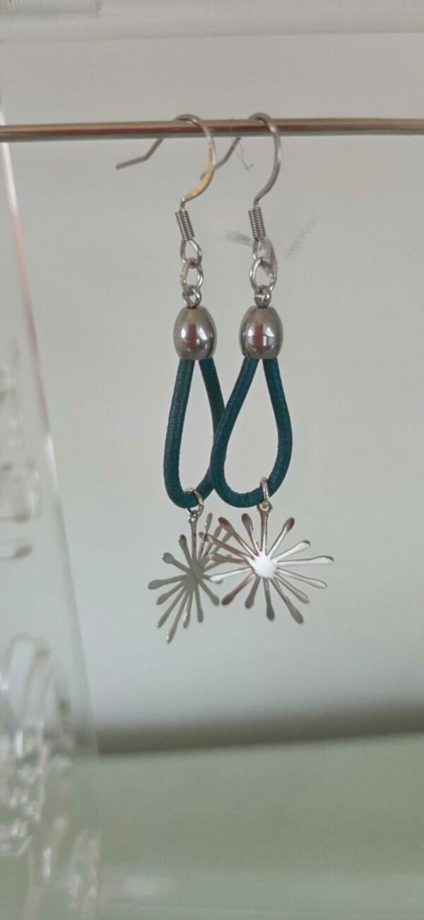 Boucles d'oreilles femme cuir rond bleu vert turquoise et étincelle argentée