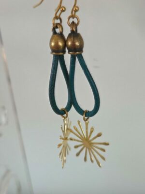 Boucles d'oreilles femme cuir rond bleu vert turquoise et étincelle dorée