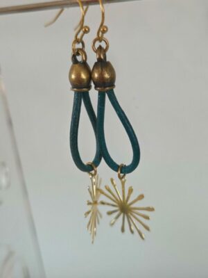 Boucles d'oreilles femme cuir rond bleu vert turquoise et étincelle dorée