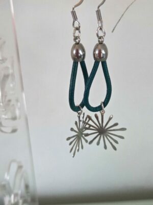 Boucles d'oreilles femme cuir rond bleu vert turquoise et étincelle argentée