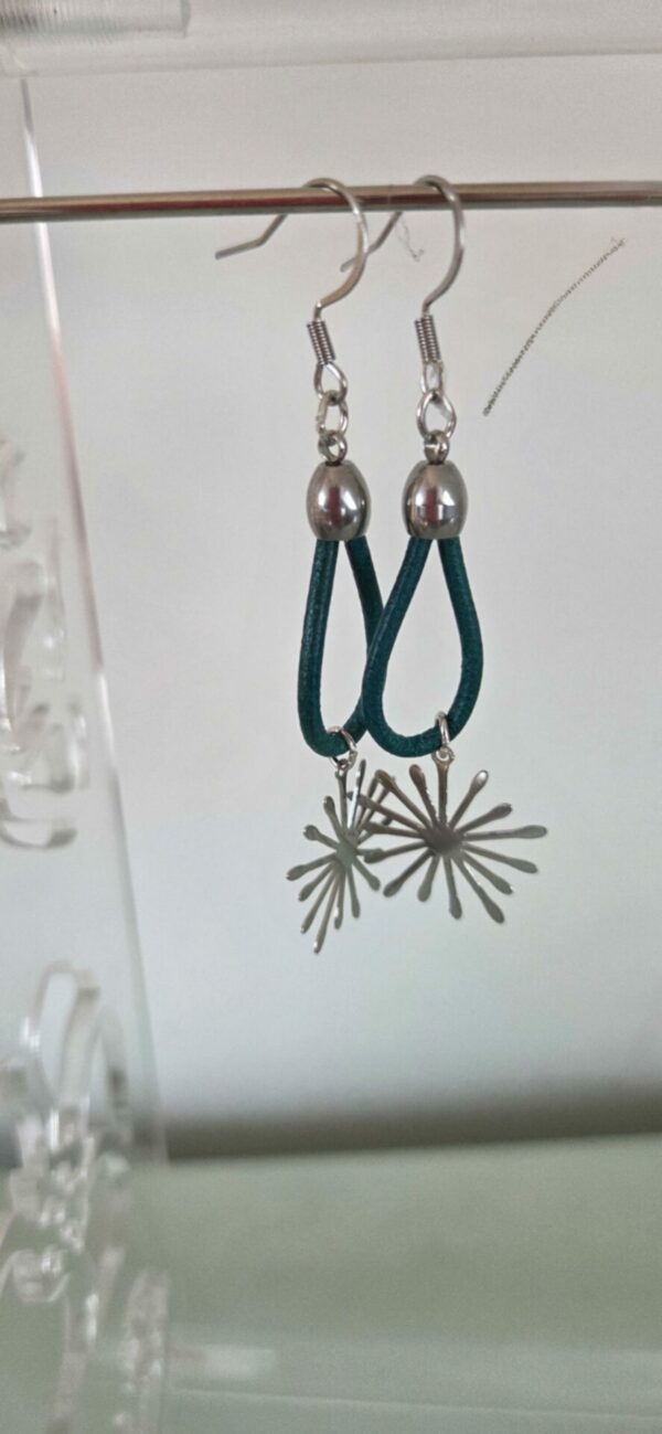 Boucles d'oreilles femme cuir rond bleu vert turquoise et étincelle argentée