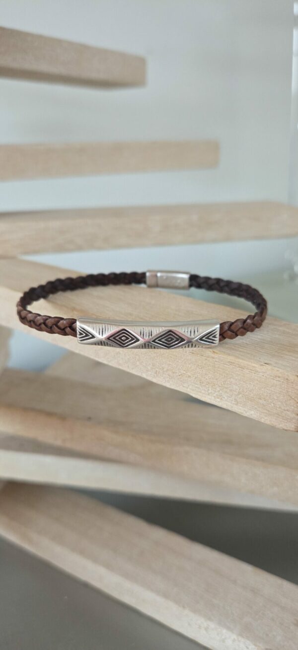 Bracelet homme en cuir tressé plat et tube à motif